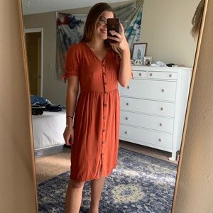 Burnt Orange Midi Dress with Front Buttons